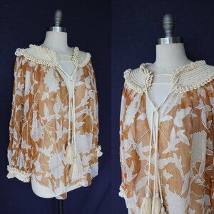 Oscar de La renta Silk beaded mesh floral caftan tunic dress top sautache tassel